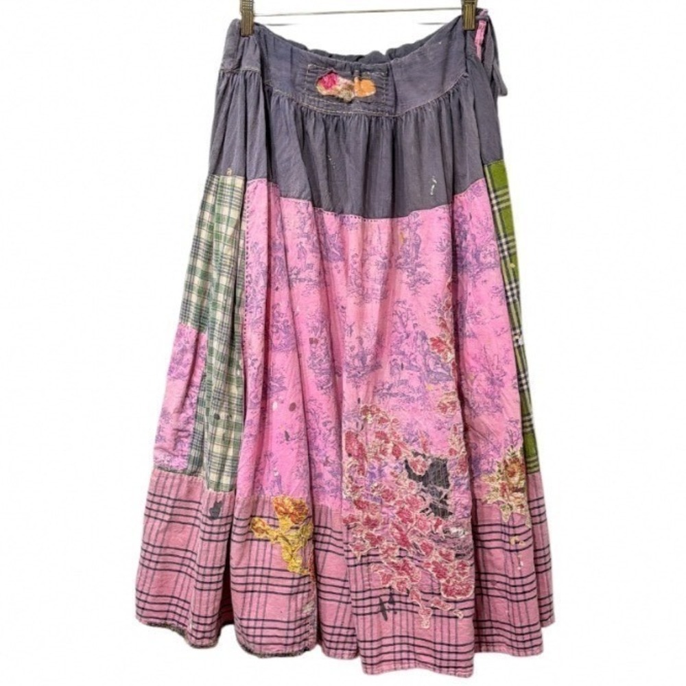 Magnolia Pearl Pink Toile Plaid Patchwork Maxi Skirt Cotton Distressed One Size